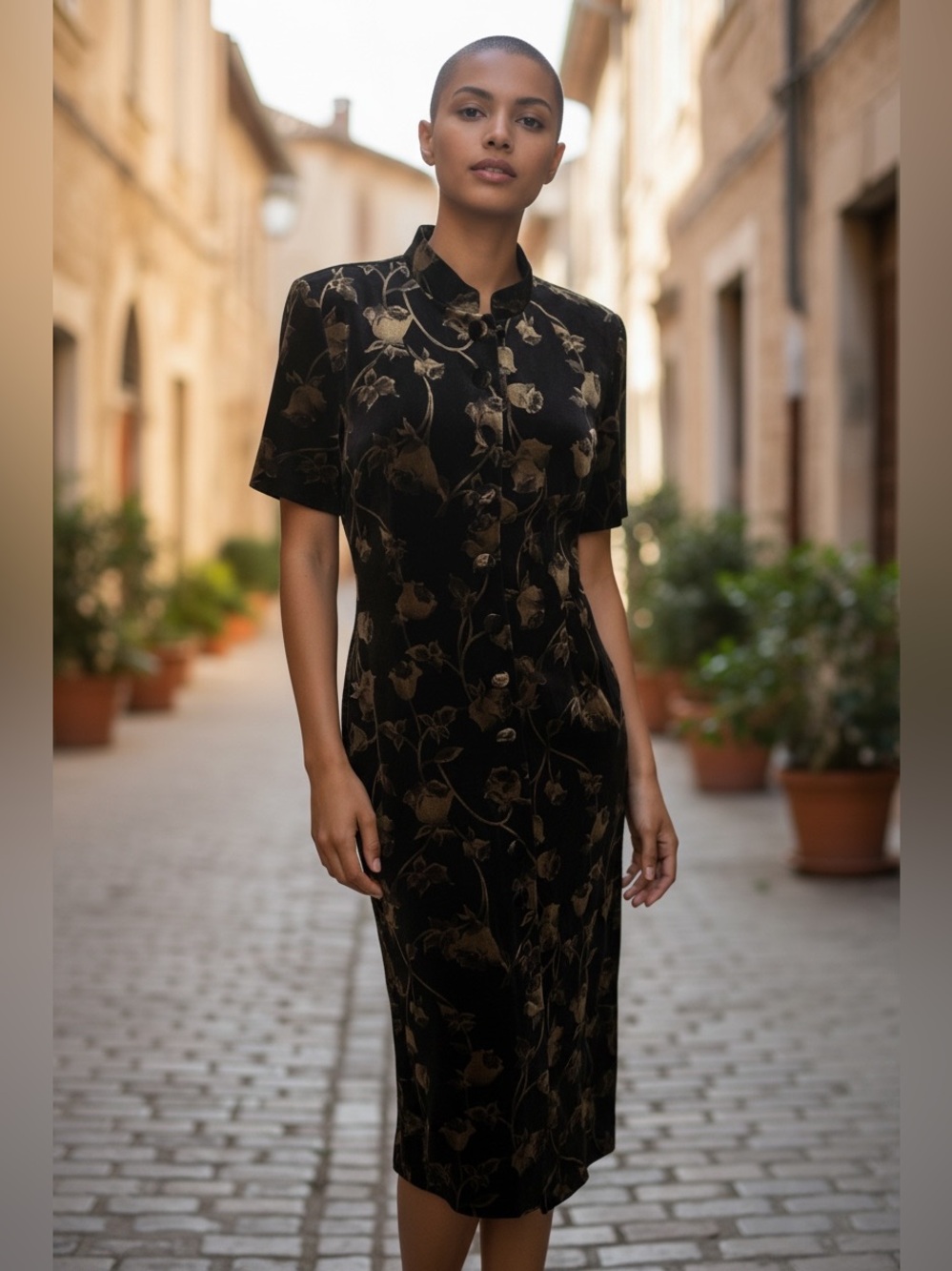 J STEVENS VELVET BLACK GOLD ROSE FLORAL MIDI DRESS W MANDARIN COLLAR SZ 10
